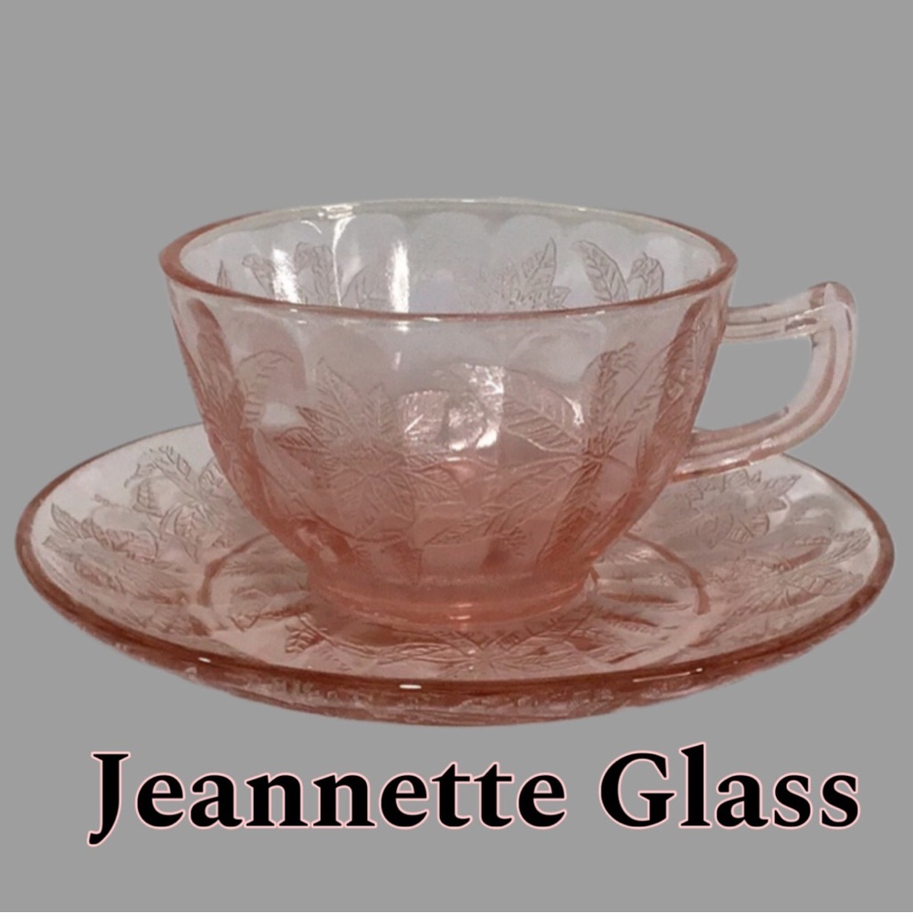 JEANNETTE GLASS Depression Pink Floral Poinsetta Cup and Saucer